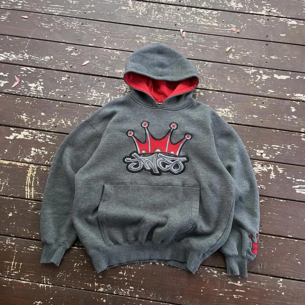 (M) Vintage 90s Y2K JNCO Jeans Tribal Crown Embroidered Hoodie - Picture 1 of 6